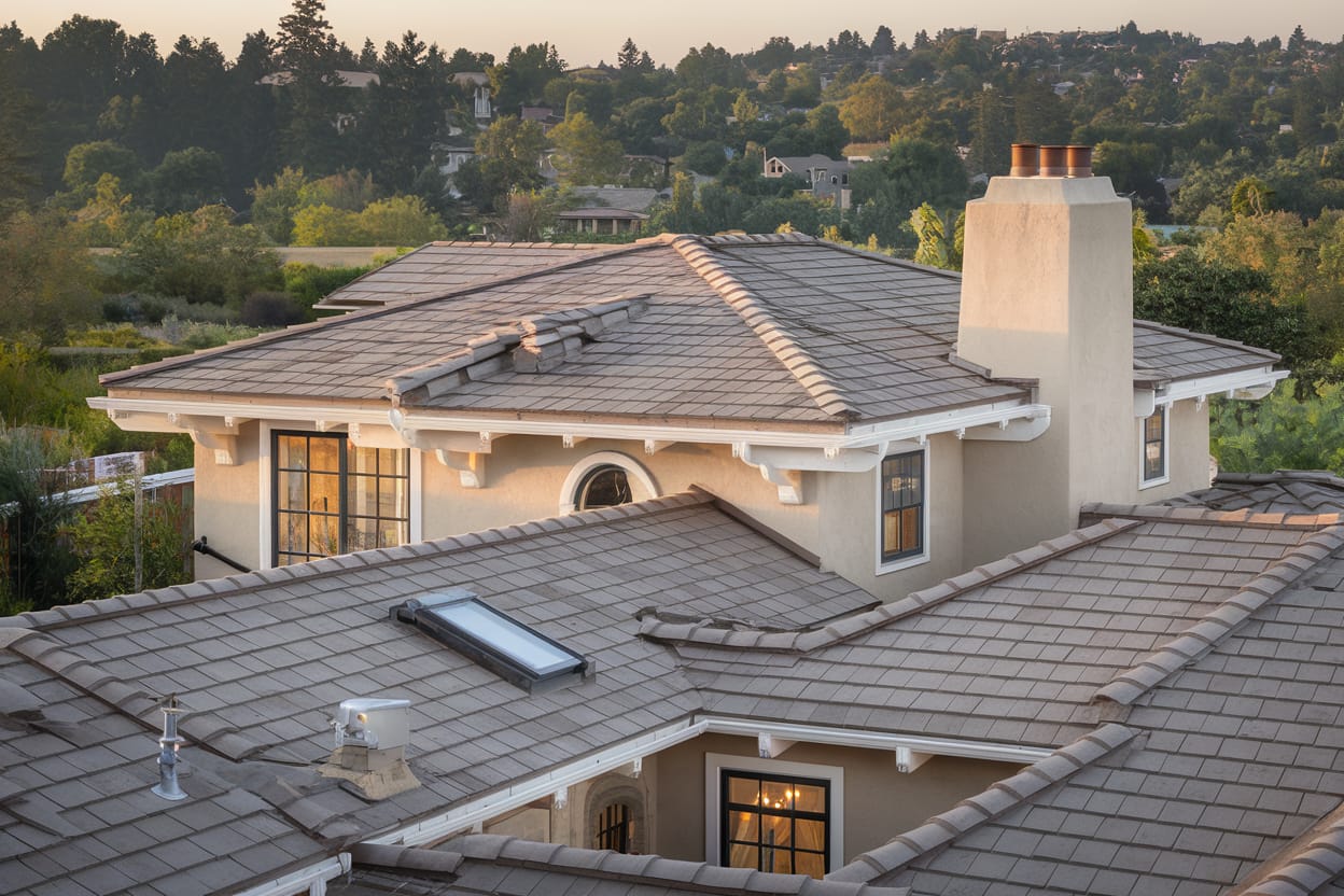 Modern Alamo home with HOA-approved tile roof and integrated solar panels showing compliance with both architectural standards and California energy codes