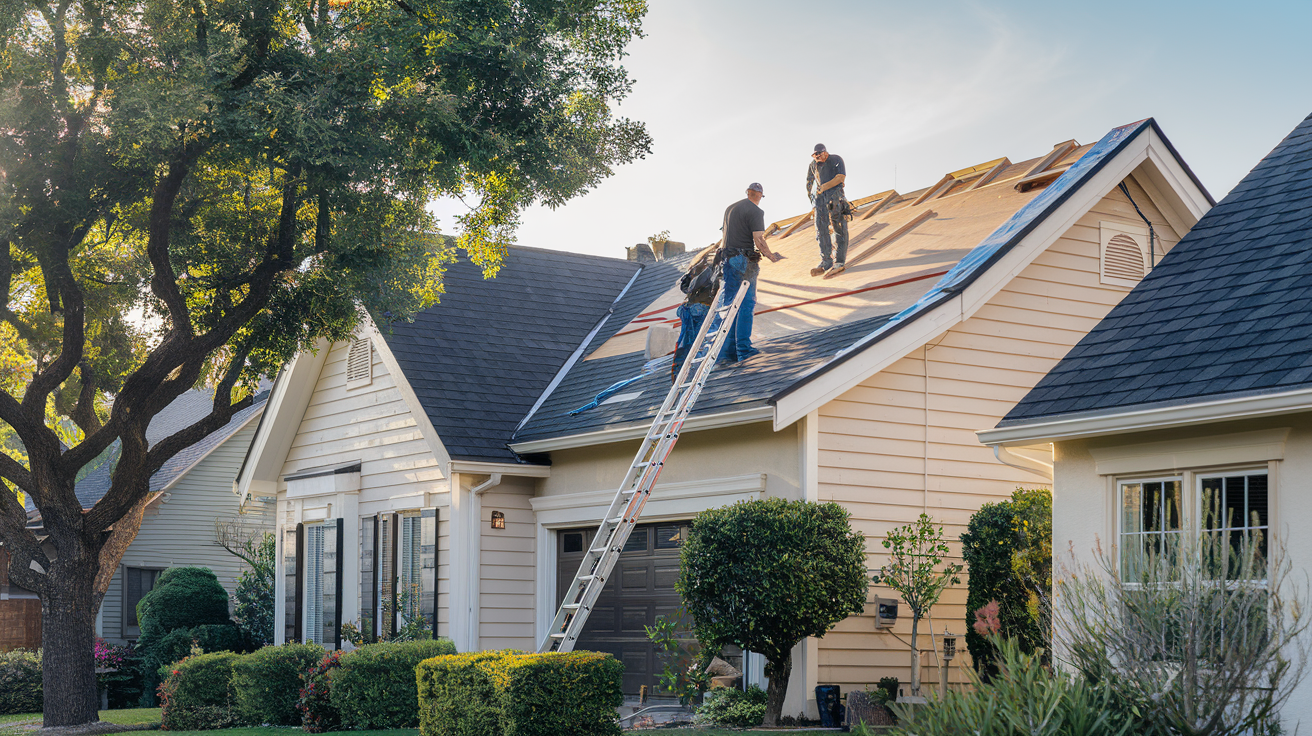 Professional roofing crew installing new tile roof on Pleasant-hill home with cost breakdown overlay