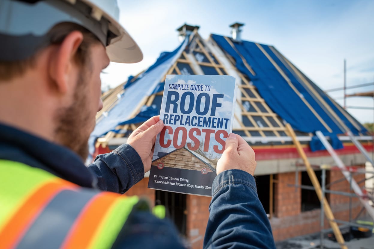 Side-by-side comparison of roofing materials showing composition shingles, tile, and metal with price tags