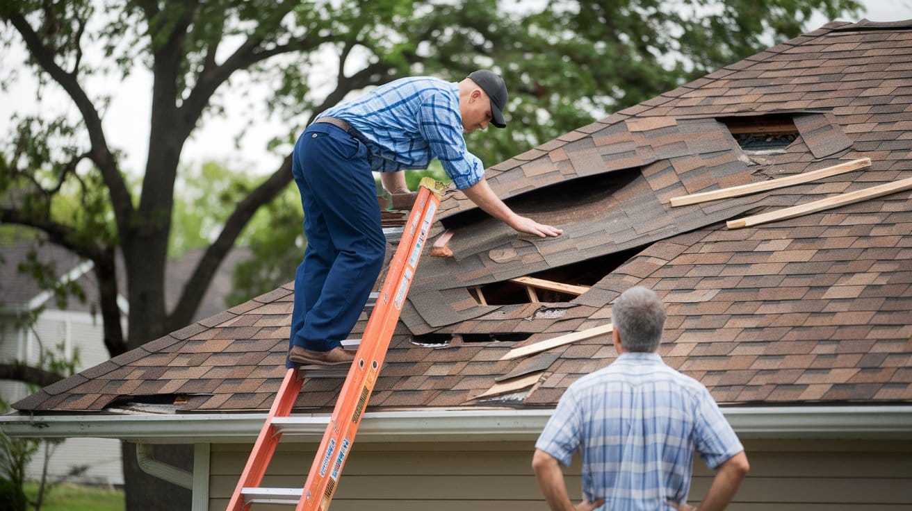 Insurance adjuster inspecting storm-damaged roof - Claims process in action