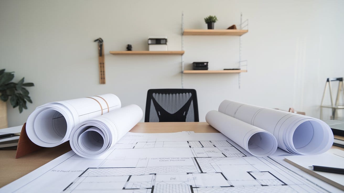 Roofing permit application process - Documents and blueprints on desk