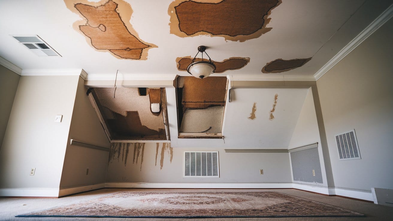 Interior ceiling water damage from roof leak - Emergency repair needed