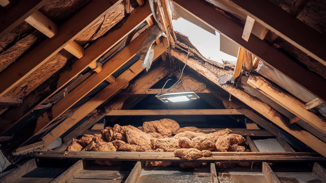 Structural damage in attic from long-term roof leaks - Costly repairs needed